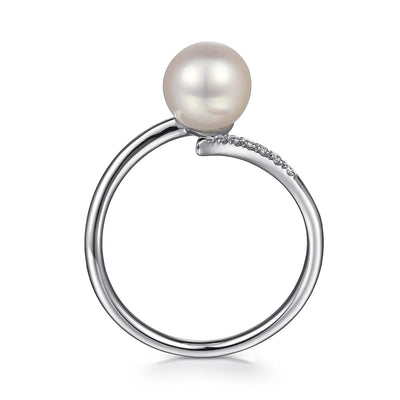 14K White Gold Cultured Pearl and Diamond Open Wrap Ring