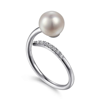 14K White Gold Cultured Pearl and Diamond Open Wrap Ring