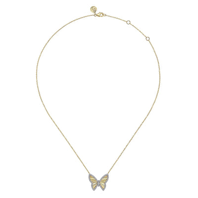 14K White and Yellow Gold Diamond Cut Butterfly Necklace