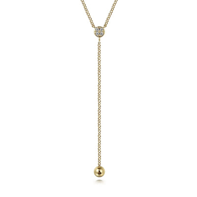 14K Yellow Gold Diamond Y-Knot Necklace with Hollow Gold Bead