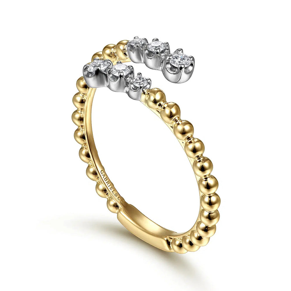 14K White-Yellow Gold Bujukan Ball and Diamond Open Bypass Ring