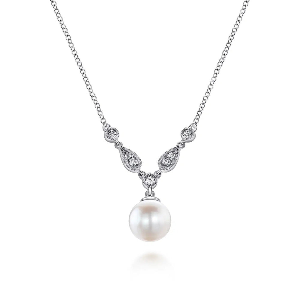 14K White Gold Cultured Pearl and Diamond Accent Necklace