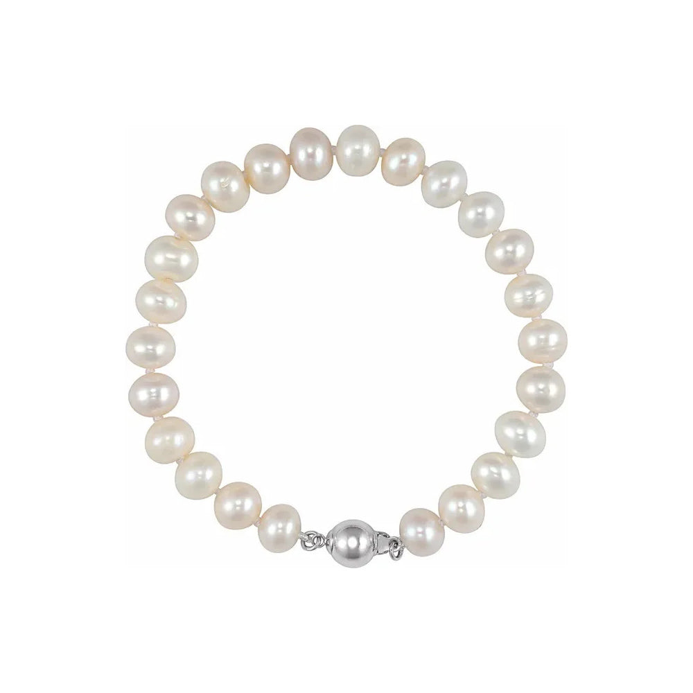 Sterling Silver 8-9 mm Cultured White Freshwater Pearl 7 3/4" Bracelet