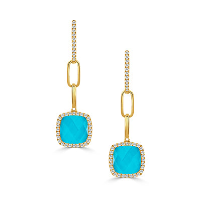 St. Barths - 18k Yellow Gold Diamond Earring With Clear Quartz Over Turquoise