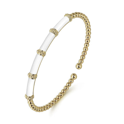 14K Yellow Gold Bujukan Beads Split Bangle with White Enamel