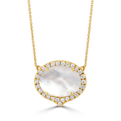 White Orchid - 18k Yellow Gold Diamond Necklace With Clear Quartz Over White Mother Of Pearl