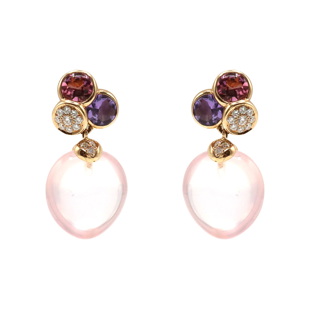 18K Rose Gold Rose Quartz, Amethyst, Pink Tourmaline Diamond Earrings