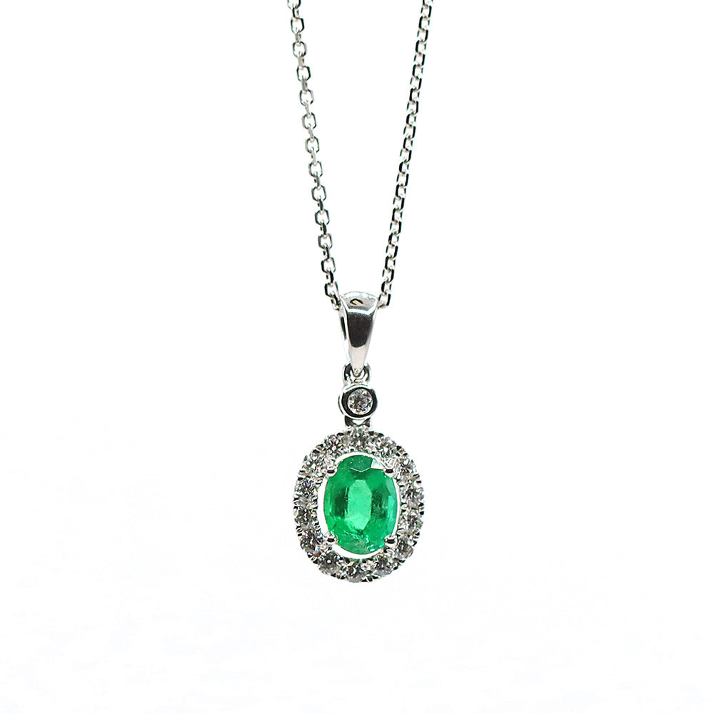 18K White Gold Diamond Emerald Pendant