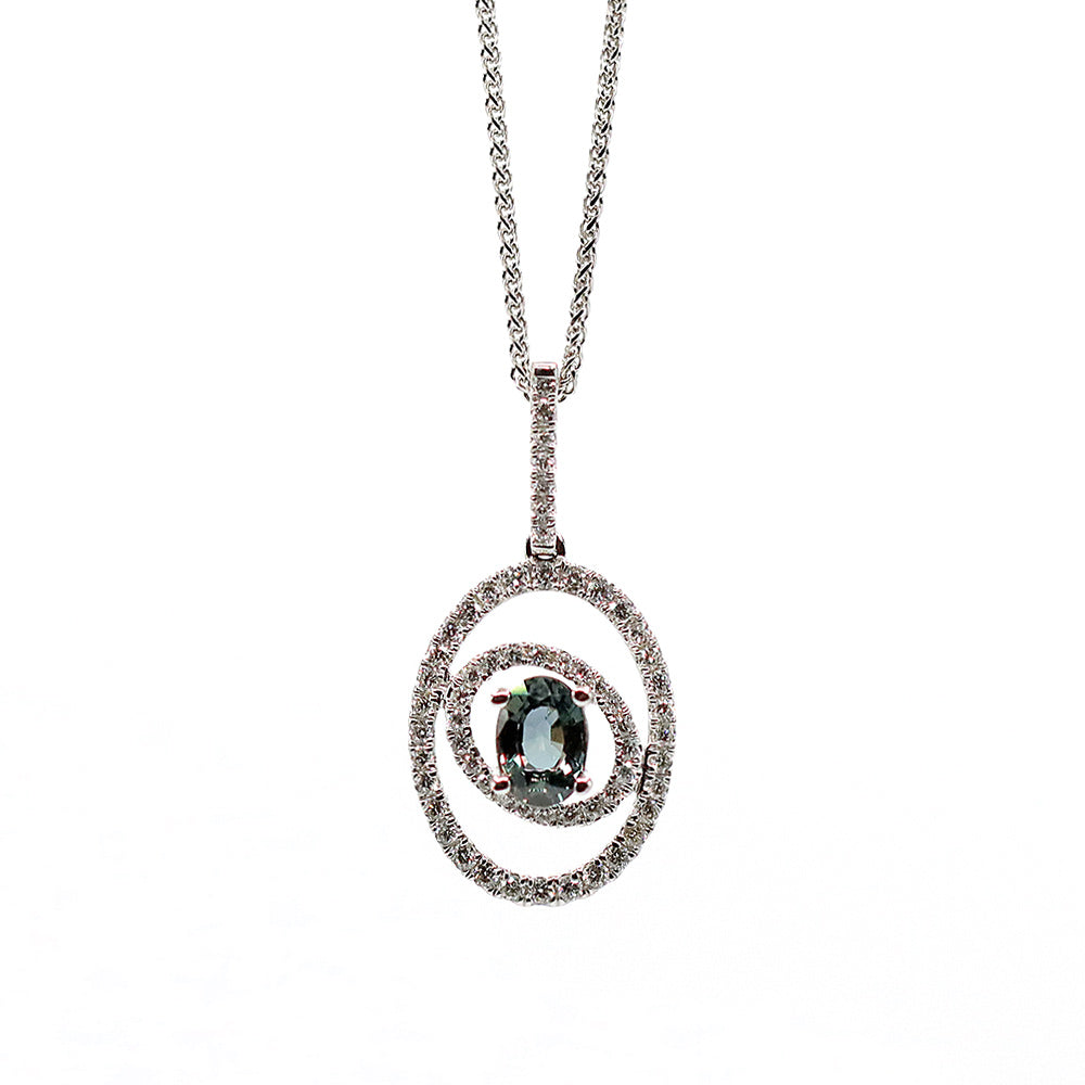 18K White Gold Oval Purple Sapphire Diamond Pendant