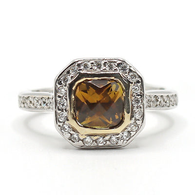 14K White Gold Bronze Tourmaline Diamond Halo Ring
