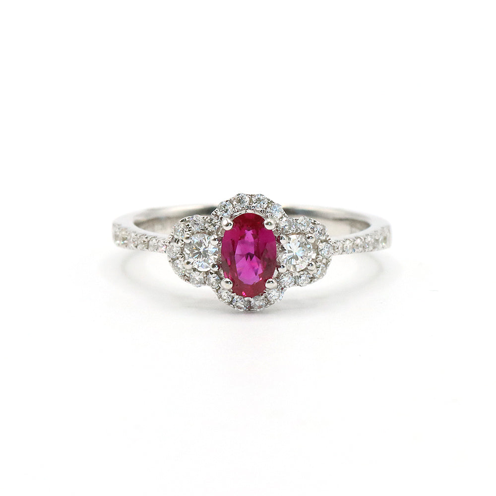 18K White Gold Ruby Diamond Halo Ring