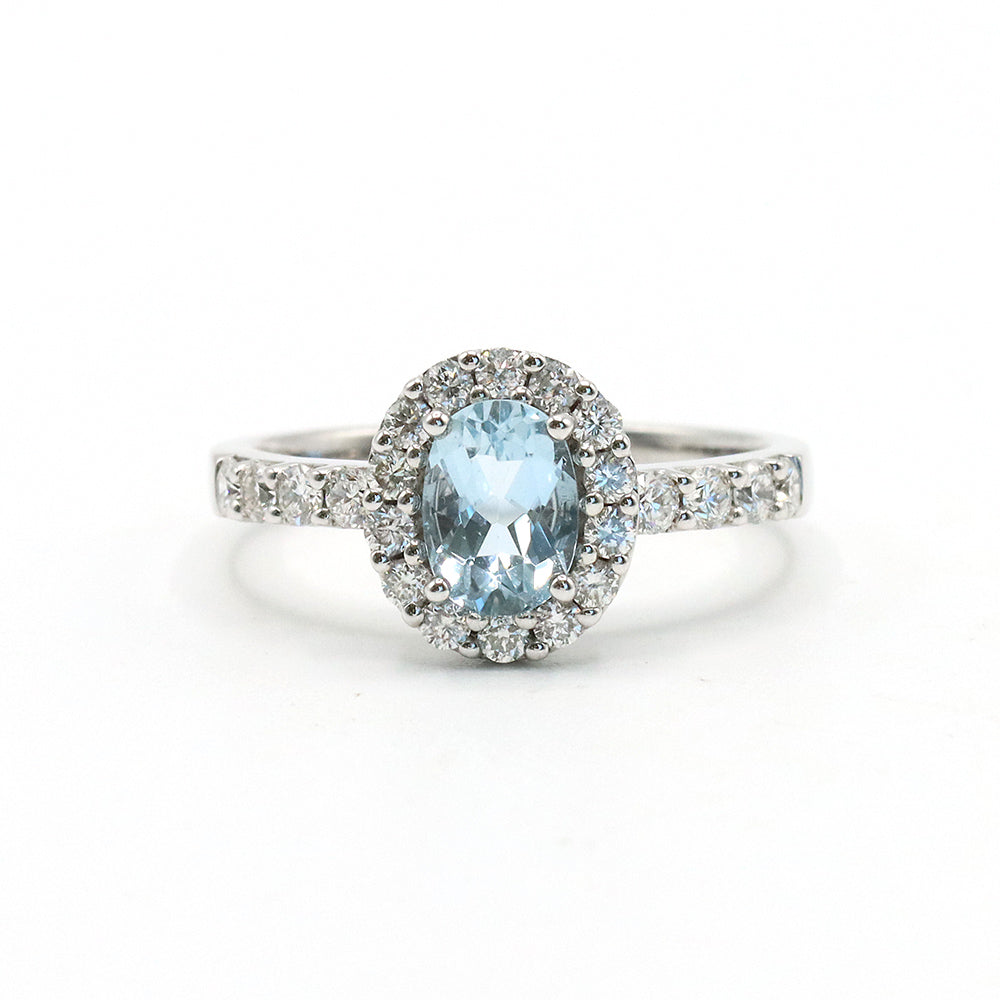 18K White Gold Aquamarine Diamond Halo Ring