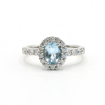 18K White Gold Aquamarine Diamond Halo Ring