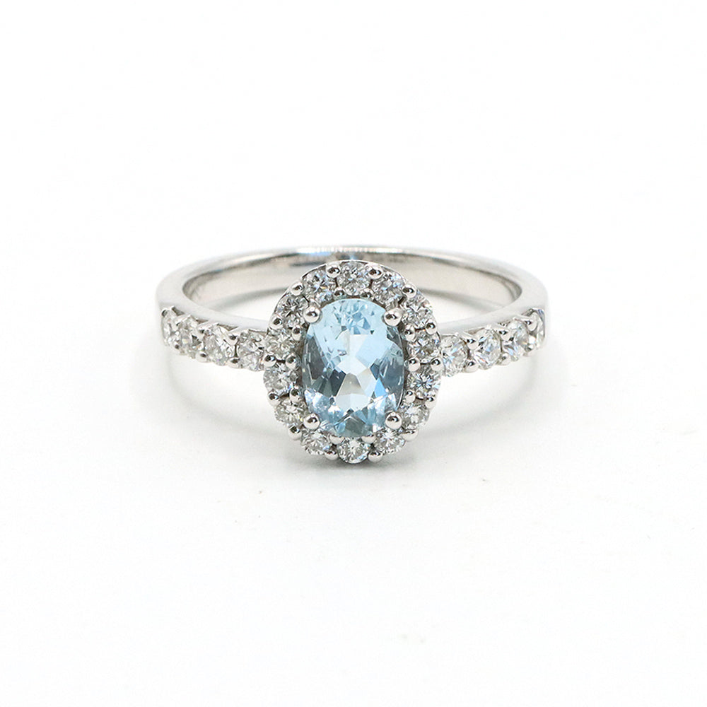 18K White Gold Aquamarine Diamond Halo Ring