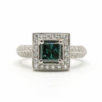 18K White Gold Blue Green Radiant Diamond Halo Ring