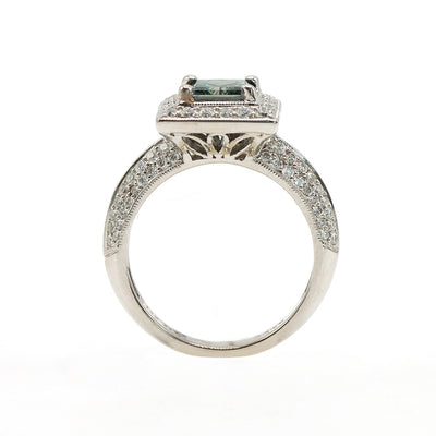 18K White Gold Blue Green Radiant Diamond Halo Ring